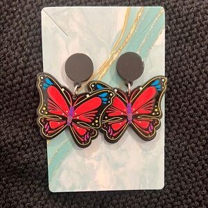 Red Butterfly Acrylic Drop‎ Earrings Black Stud Dangle Statement Jewelry Womens